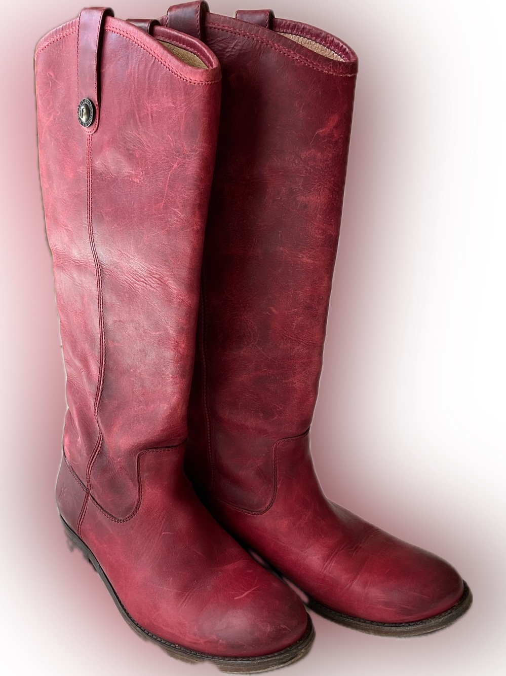 Frye Women’s Knee High Distressed Leather Boots in Deep Wine Size 8
